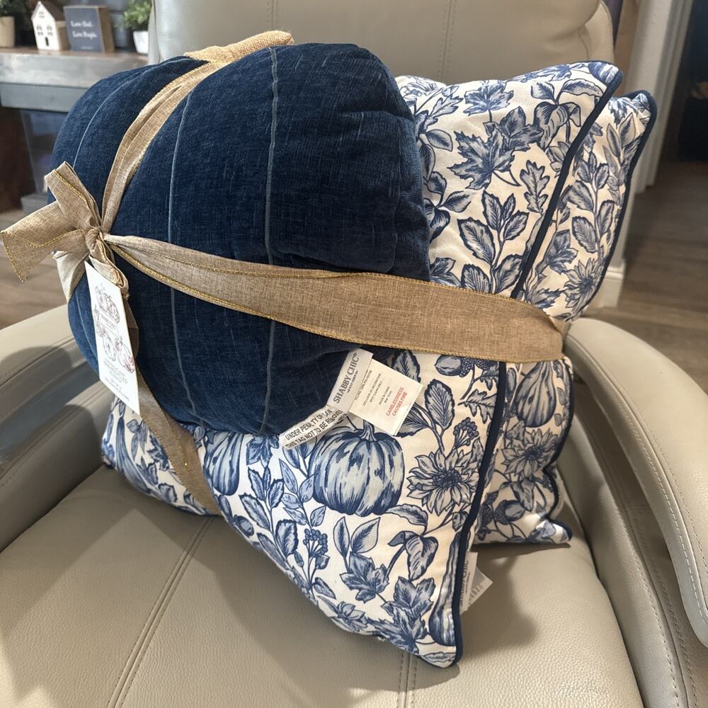 Set 3 Rachel Ashwell Shabby Chic 20x20” Pillow Navy Blue Pumpkin Sunflowers NEW
